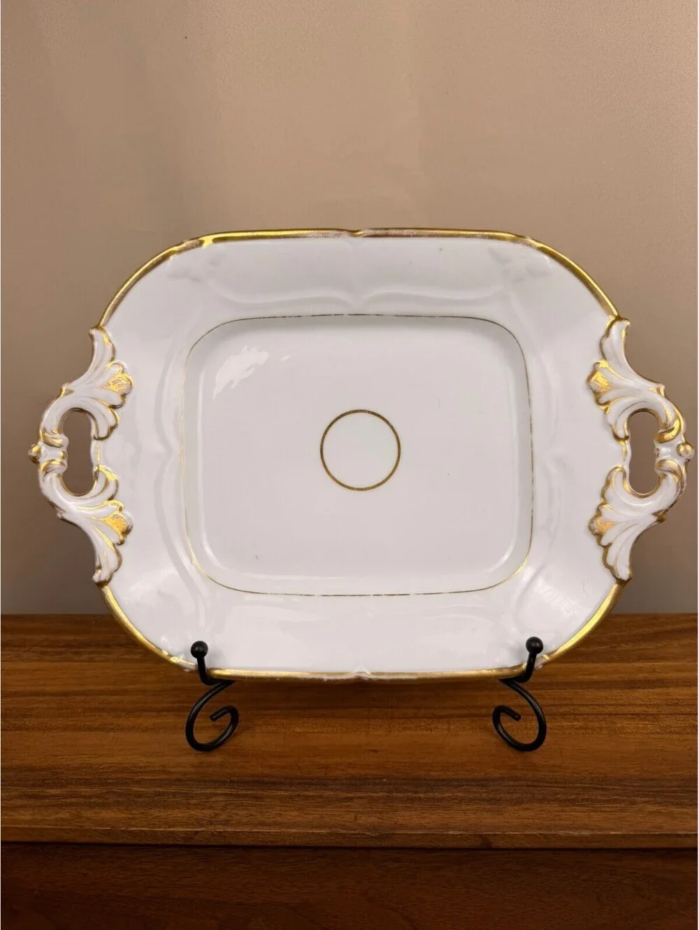 Vintage White Porcelain Serving Tray with Gold Trim and Ornate Handles